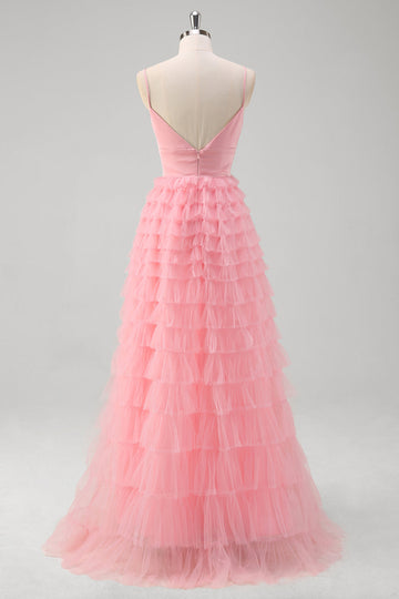 Pink A Line Spaghetti stropper Tyl Tiered Lang Gallakjole